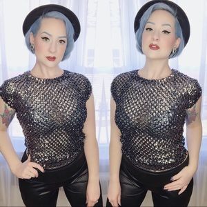 Vintage Black and Silver/Gray Sequin Mesh Top